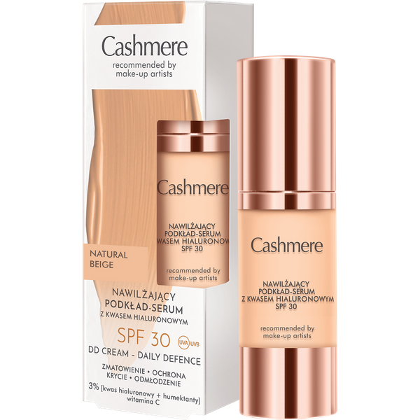 Cashmere DD nawilżający podkład-serum SPF 30 01 Natural Beige z kwasem hialuronowym, lekkim kryciem i pudrowo-matowym wykończeniem 30 ml