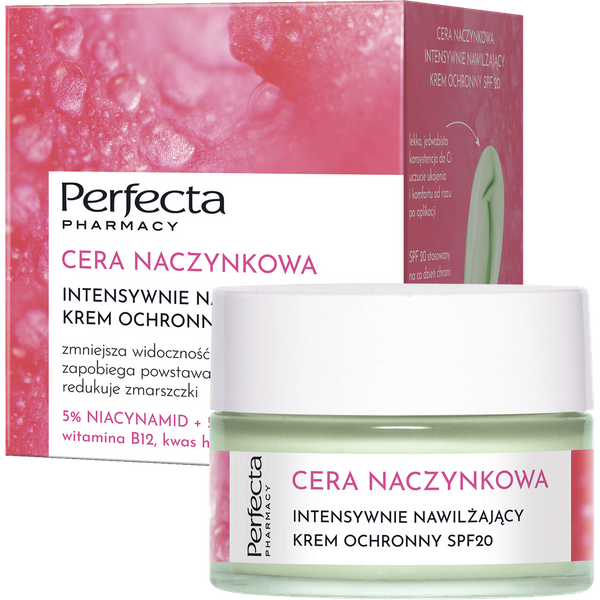 Perfecta Cera Naczynkowa intensywnie nawilżający krem ochronny SPF20 z 5% niacynamidem, 5% witaminą C HYDROcomplex i witaminą B12 50 ml