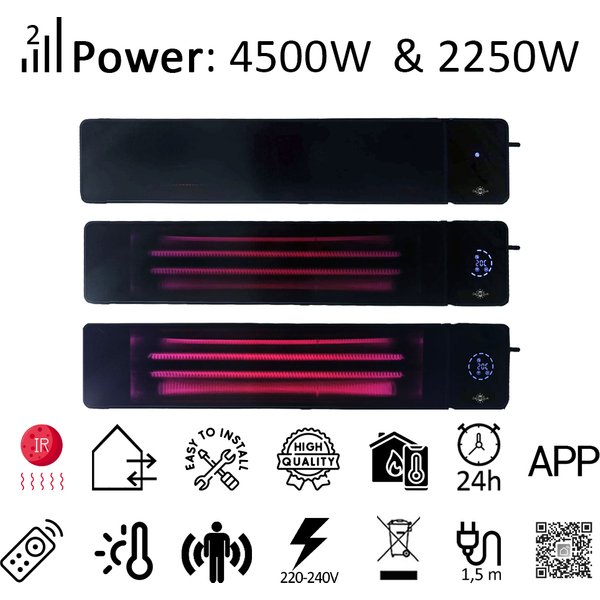 4500W/2250 watts Chauffage de terrasse infrarouge ElectricSun noir, utilisation intérieure/extérieure, avec thermostat et application, 100x18 cm