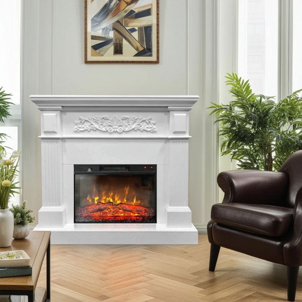 Cheminée électrique blanche à effet de flammes TUX ElectricSun, avec effet sonore, 3 couleurs, avec App, L110xH102cm