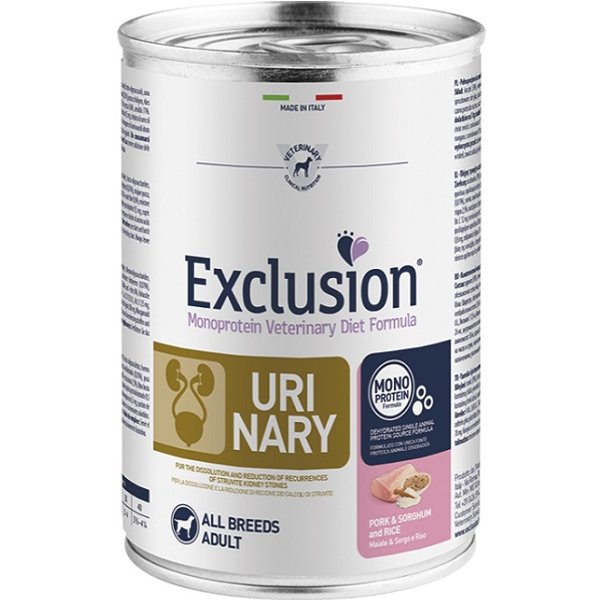Exclusion Cane Diet Urinary ALL Breeds Adult Maiale Sorgo Riso 400GR (Lattina)-image