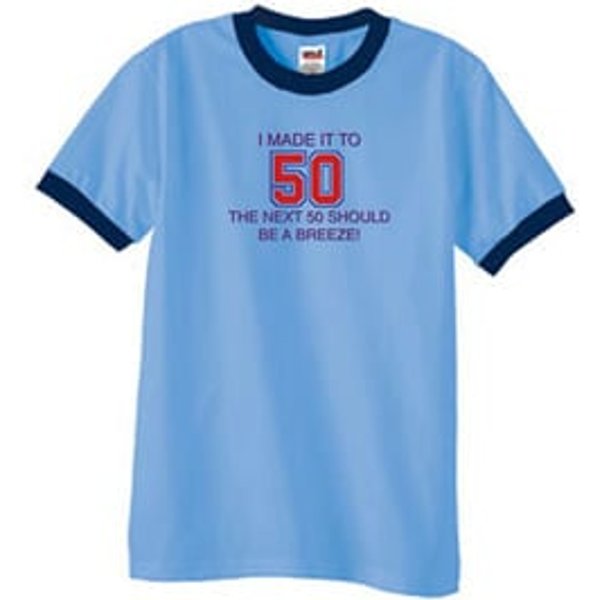 50th Birthday Shirt I Made It To 50 Ringer Shirt Carolina Blue/Navy