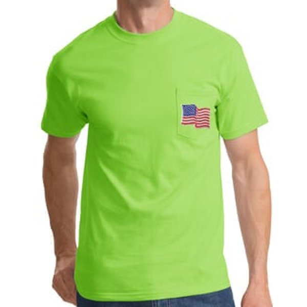 Patriotic American T-Shirt USA Waving Flag Embroidered Patch Pocket Lime Green