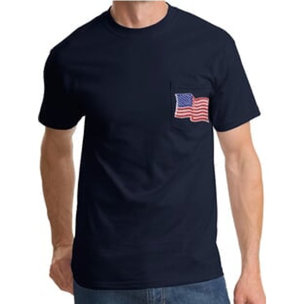 Patriotic American T-Shirt USA Waving Flag Embroidered Patch Pocket Navy Blue