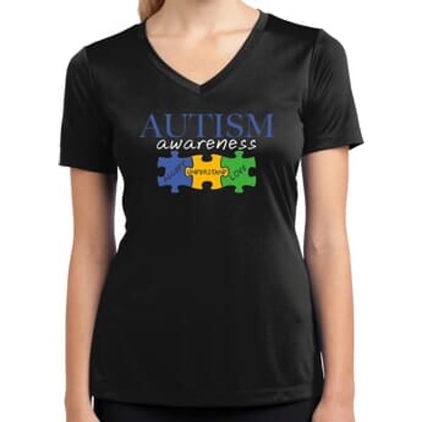 Autism Awareness Puzzle Pieces Ladies Dry Wicking V-neck