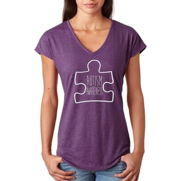Autism Awareness White Puzzle Ladies Tri Blend V-neck