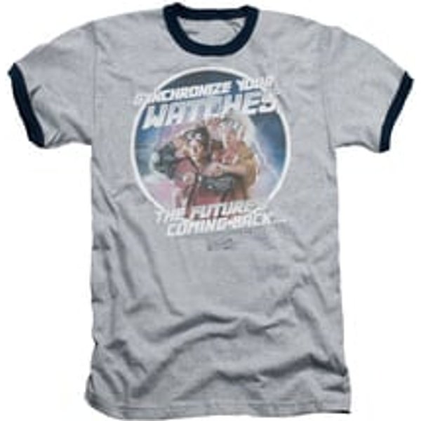 Back To The Future II Ringer Shirt Synchronize Watches Adult Heather/Navy Tee T-Shirt