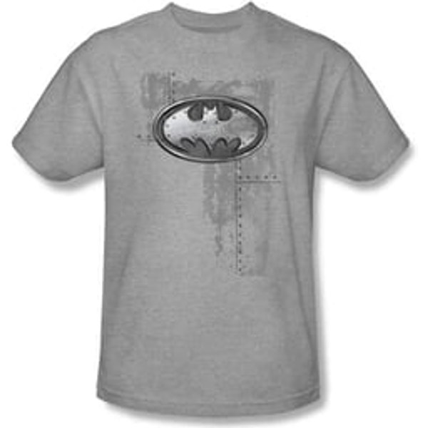 Batman Kids T-Shirt - Riveted Metal Logo Youth Heather Gray Tee