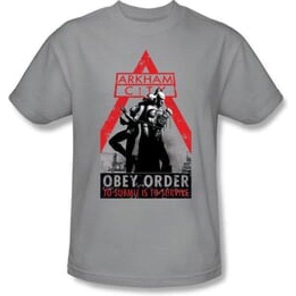 Batman T-Shirt - Arkham City Obey Order Adult Silver Tee