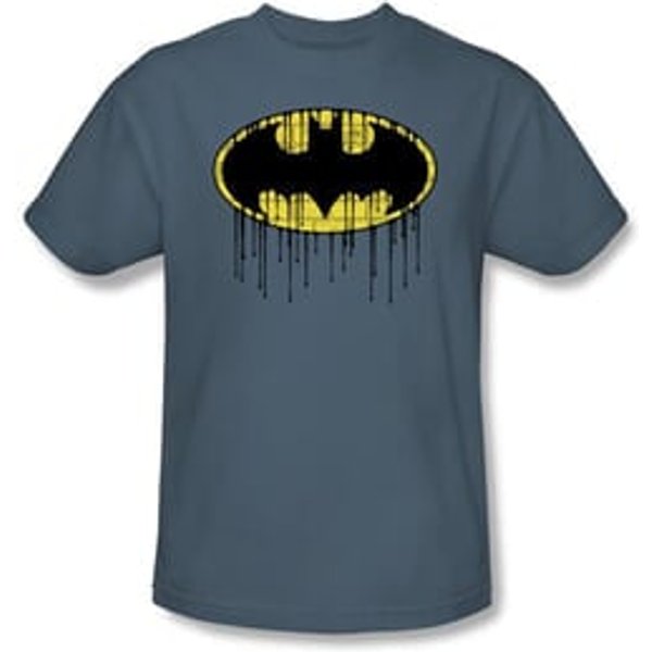 Batman T-Shirt - Dripping Brick Wall Shield Adult Slate Blue Tee