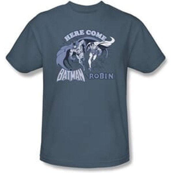 Batman T-Shirt - Here Come Batman and Robin Adult Blue Tee