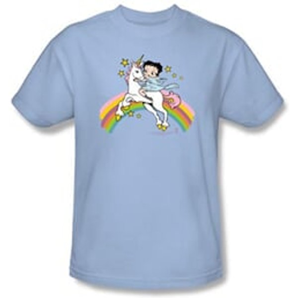 Betty Boop T-shirt Unicorn And Rainbows Adult Light Blue Tee Shirt