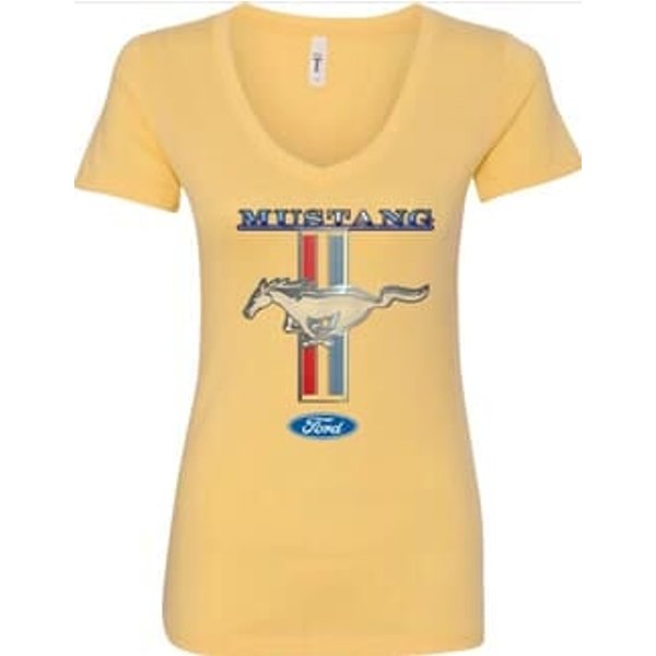 Ladies Ford Mustang STRIPE V-neck Tee - Banana, 2XL