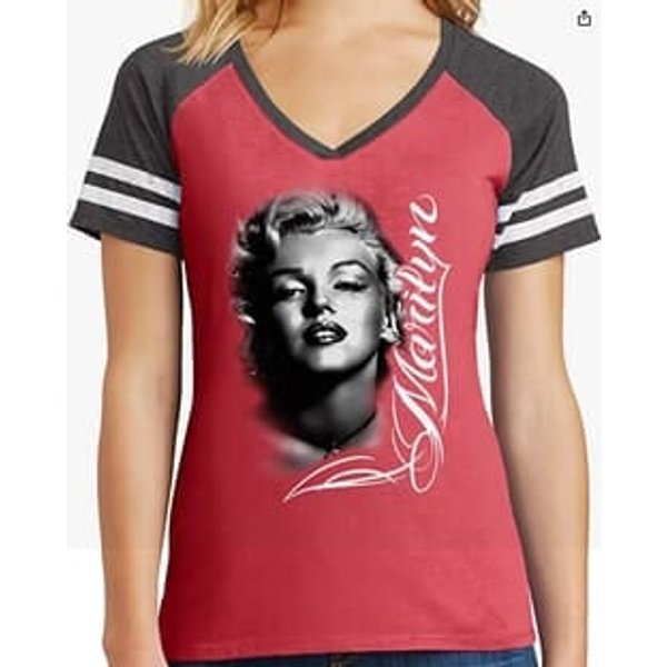 Ladies Marilyn Monroe Black & White Sporty V-Neck Shirt - Red, Large
