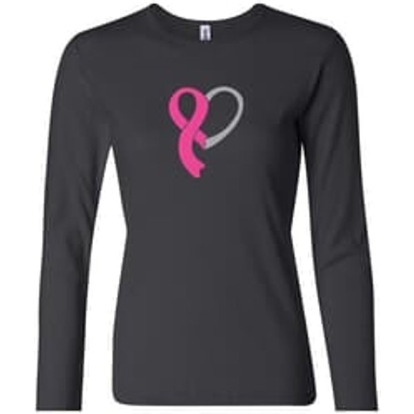 Breast Cancer Ladies Shirt Ribbon Heart Long Sleeve Tee T-Shirt