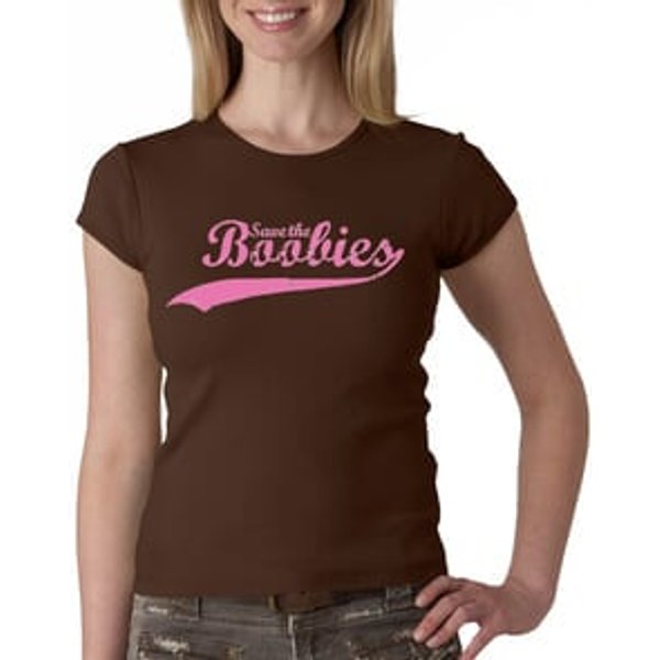 Breast Cancer Ladies T-shirt - Crewneck Save The Boobies Brown Tee