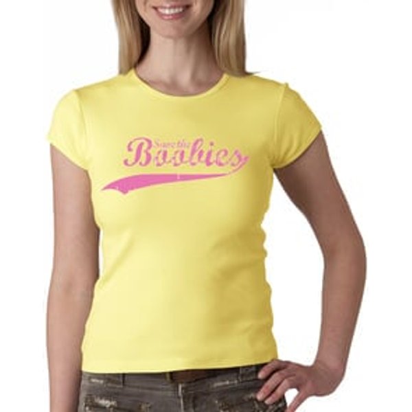 Breast Cancer Ladies T-shirt - Crewneck Save The Boobies Yellow Tee
