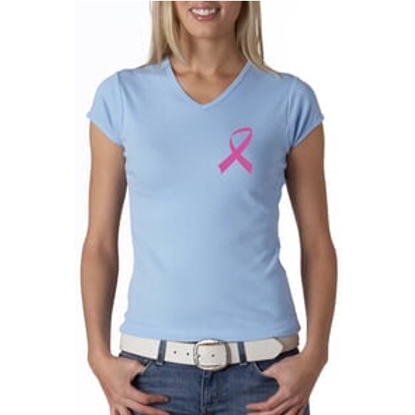 Breast Cancer Ladies T-shirt V-neck Pink Ribbon Pocket Print Baby Blue