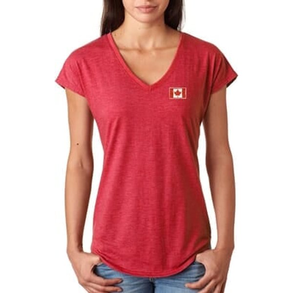 Canada Flag Patch Pocket Print Ladies Tri Blend V-neck