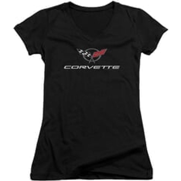 Chevy Juniors V Neck Shirt Corvette Emblem Black T-Shirt