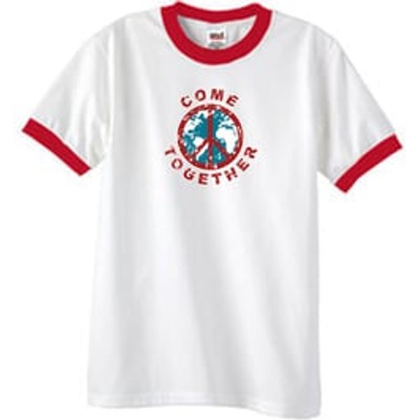 COME TOGETHER World Peace Sign Symbol Adult Ringer T-shirt - White/Red