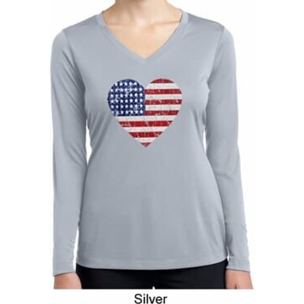 Distressed USA Heart Ladies Dry Wicking Long Sleeve Shirt