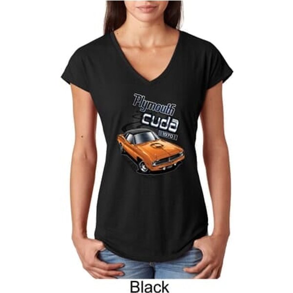 Dodge 1970 Plymouth Hemi Cuda Ladies Tri Blend V-Neck Shirt