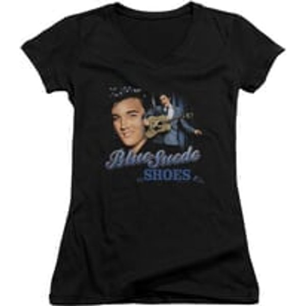 Elvis Presley Shirt Juniors V Neck Blue Suede Shoes Black T-Shirt
