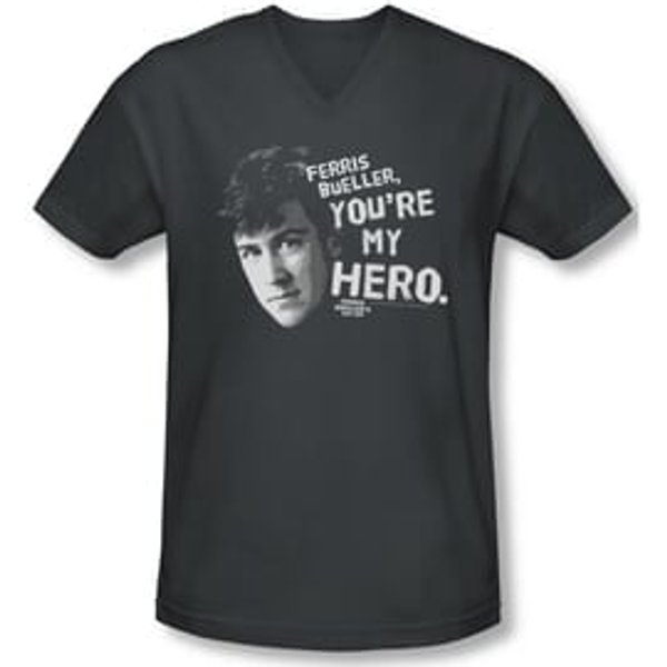Ferris Bueller's Day Off Shirt Slim Fit V Neck My Hero Charcoal Tee T-Shirt