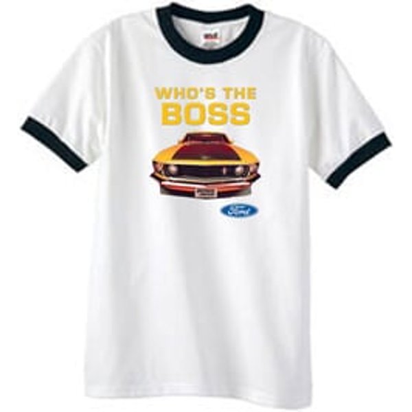 Ford Mustang Boss Ringer T-Shirt - Who's The Boss 302 White/Black Tee