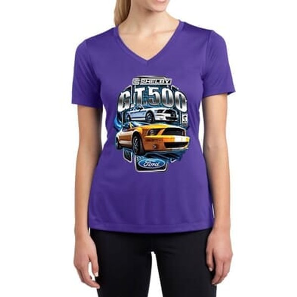 Ford Mustang Ladies Shirt Yellow White GT500 Moisture Wicking V-neck
