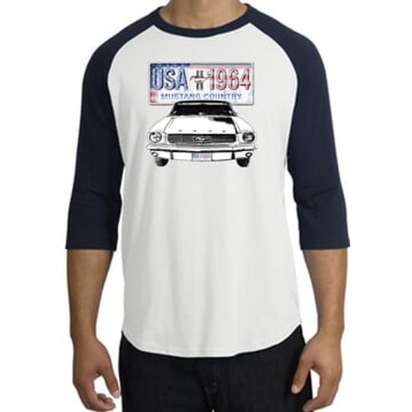 Ford Mustang Raglan Shirt - USA 1964 Country Adult White/Navy T-Shirt