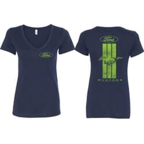 Ford Tee Green Mustang Stripe (Front & Back) Ladies V-neck