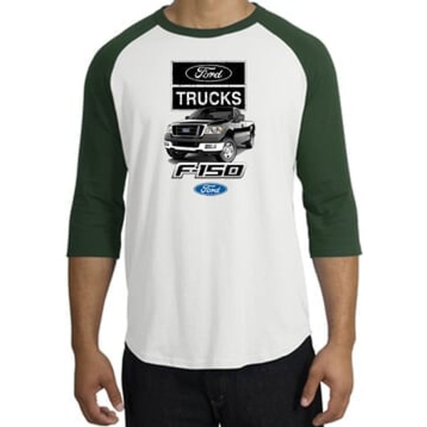 Ford Truck Raglan Shirt - F-150 Truck Adult White/Forest T-Shirt