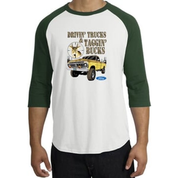 Ford Truck Shirt Driving and Tagging Bucks Raglan Tee White/Forest