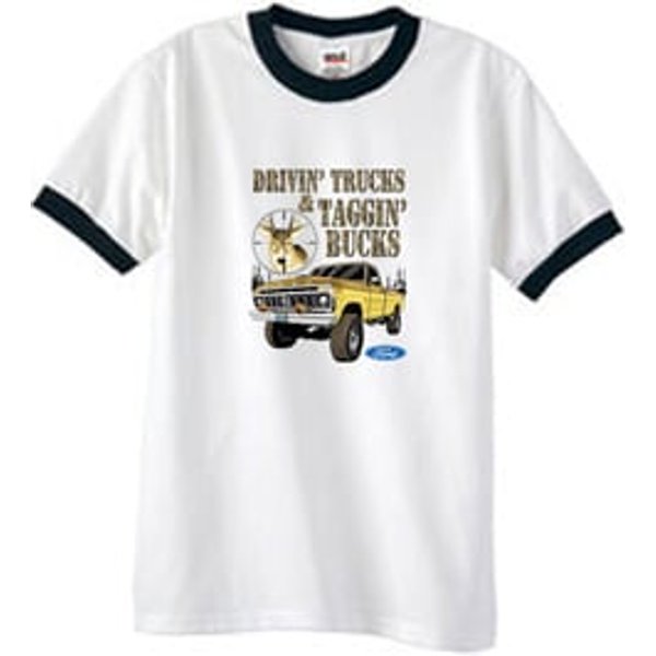 Ford Truck T-Shirt Driving and Tagging Bucks Ringer Tee White/Black