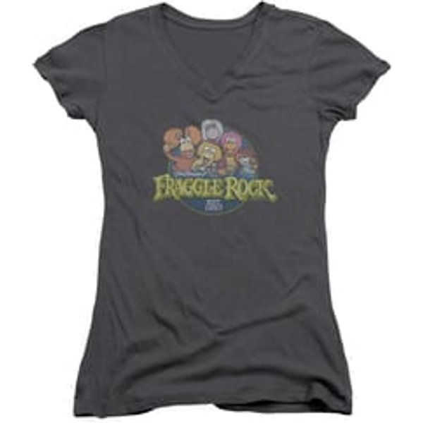 Fraggle Rock Juniors V Neck Shirt Circle Logo Charcoal T-Shirt
