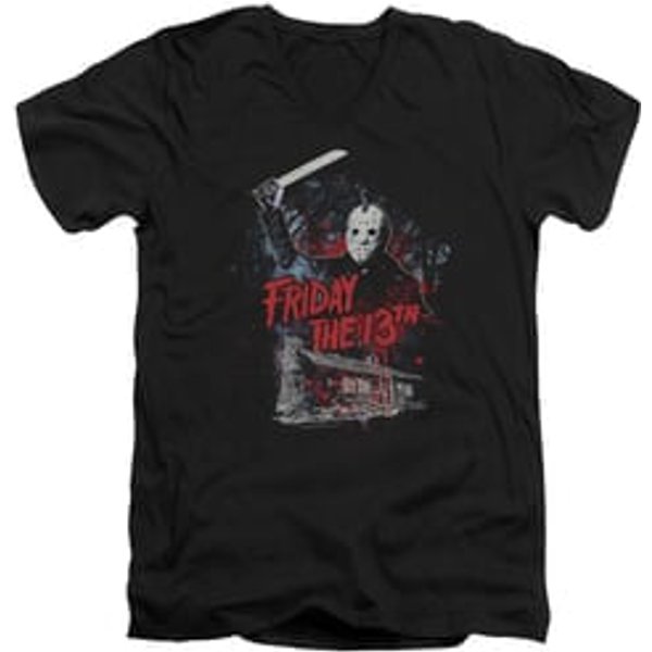 Friday the 13th Slim Fit V-Neck Shirt Jason Attacks Cabin Black T-Shirt