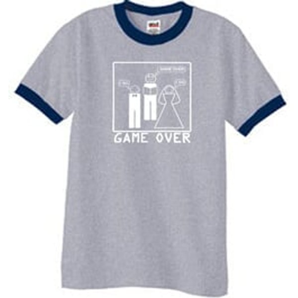 Game Over Marriage Ceremony Ringer Heather Grey/Navy Tee White Print