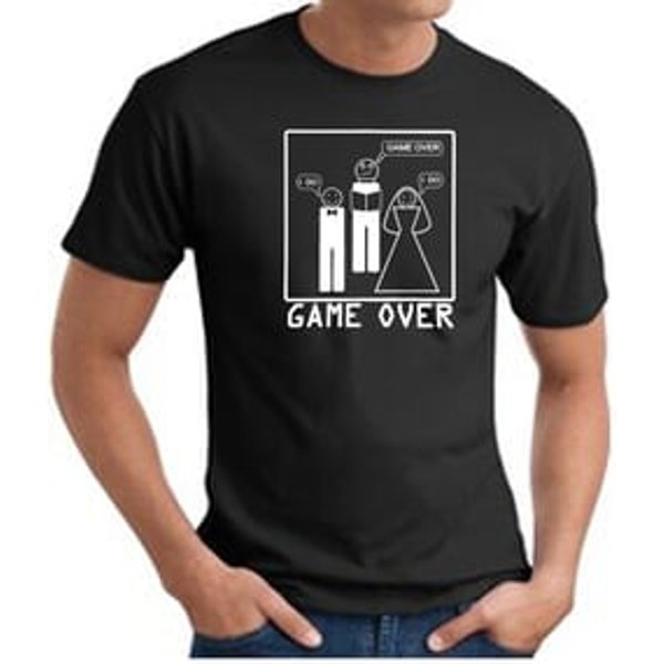 Game Over Marriage Ceremony T-shirt Funny Black Tee - White Print