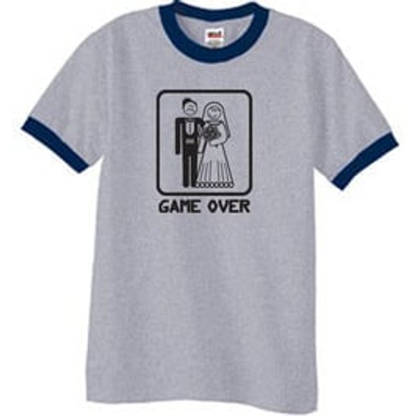 Game Over Ringer T-shirt Funny Heather Grey/Navy Tee - Black Print