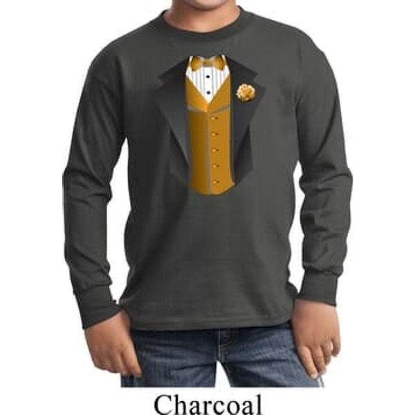 Gold Vest Tuxedo Kids Long Sleeve Shirt