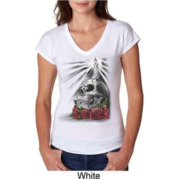Halloween Day of the Dead Candle Skull Ladies Tri Blend V-Neck Shirt