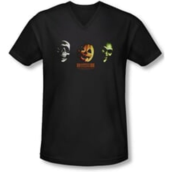 Halloween III Shirt Slim Fit V Neck Three Masks Black Tee T-Shirt
