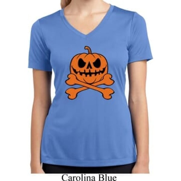 Halloween Pumpkin Skeleton Ladies Moisture Wicking V-neck Shirt