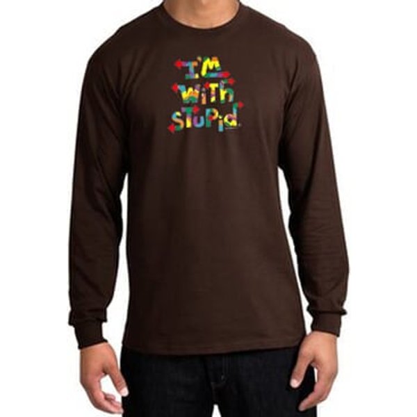 I'm With Stupid Long Sleeve Shirt - Funny Two Ways Adult Brown T-Shirt