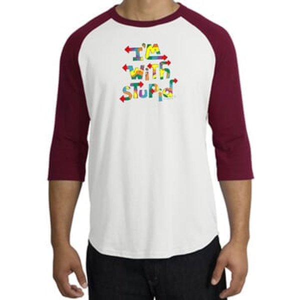 I'm With Stupid Raglan Shirt - Funny Two Ways White/Cardinal Tee