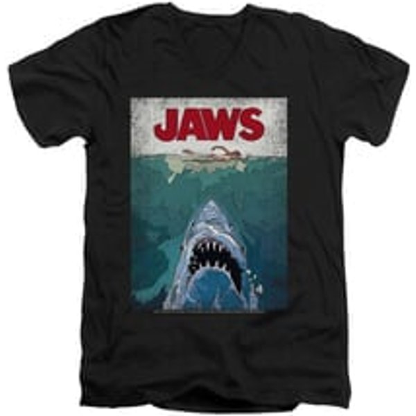 Jaws Shirt Slim Fit V-Neck Lined Poster Black T-Shirt