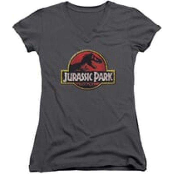 Jurassic Park Shirt Juniors V Neck Stone Logo Charcoal Tee T-Shirt