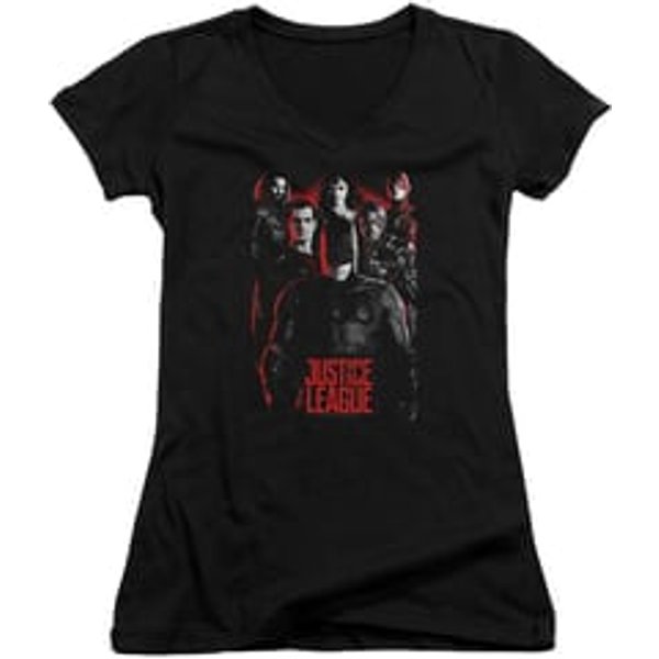 Justice League Movie Juniors V Neck The League Red Glow Black T-Shirt
